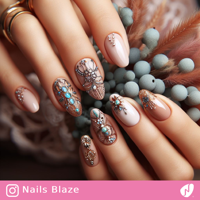 Fancy Jeweled Boho Wedding Nail Design | Wedding-NB-D7